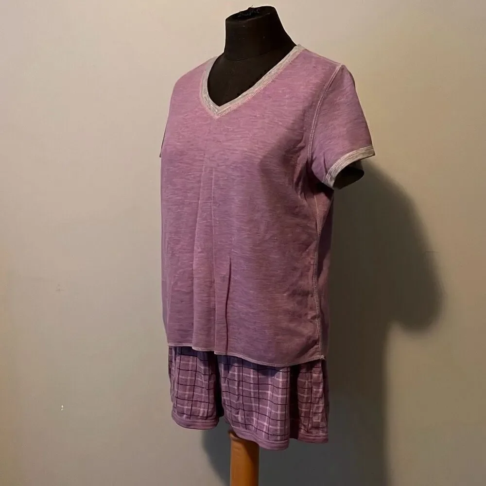 Jockey Womens Lavender Short Sleeve V-Neck Top Plaid Shorts Lounge Set